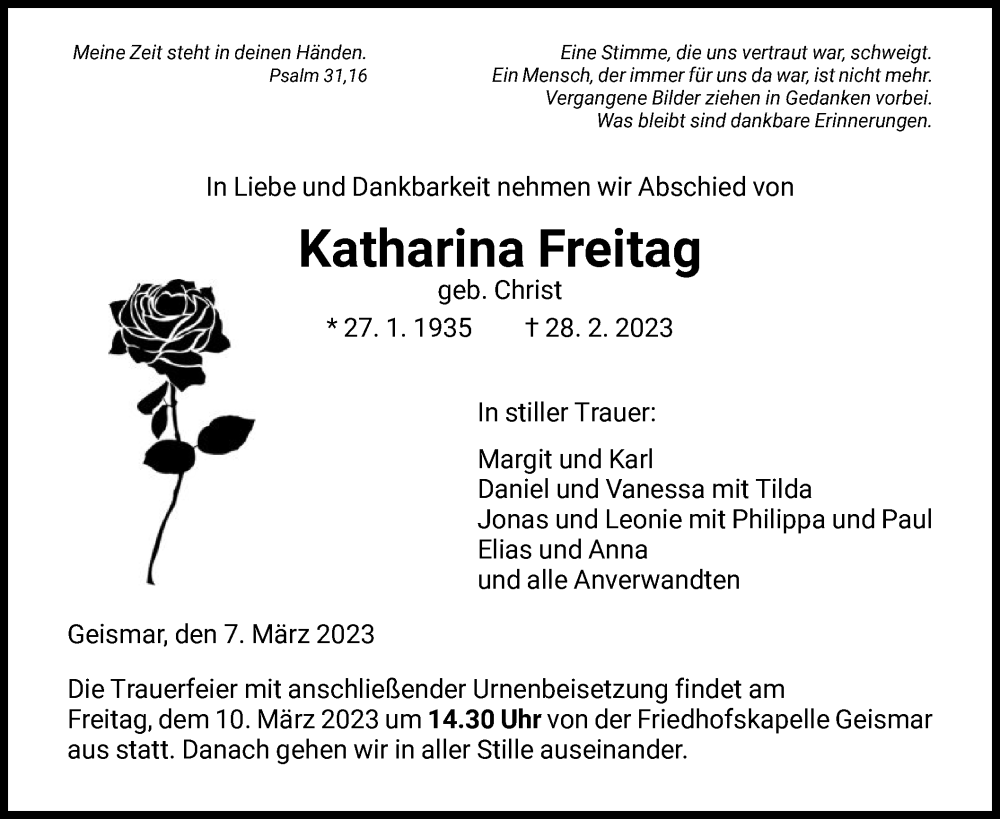  Traueranzeige für Katharina Freitag vom 07.03.2023 aus HNA