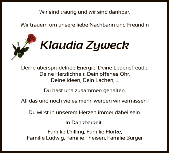 Traueranzeige von Klaudia Zyweck von HNA