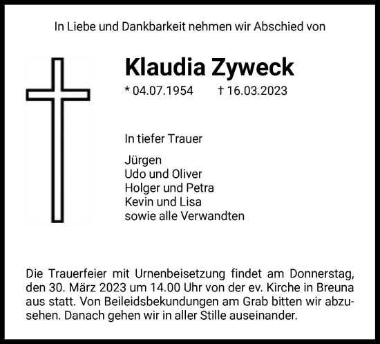 Traueranzeige von Klaudia Zyweck von HNA