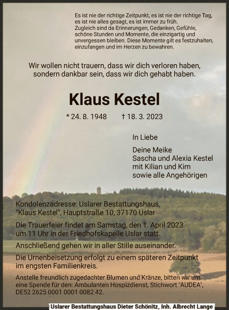  Traueranzeige für Klaus Kestel vom 25.03.2023 aus HNA