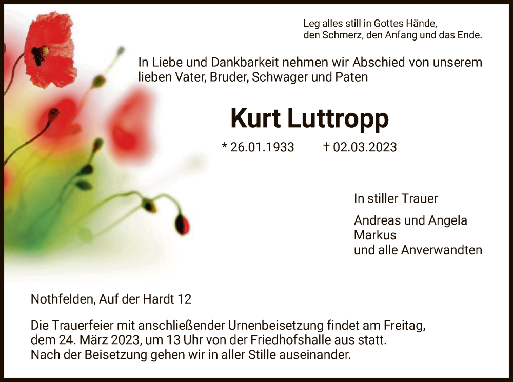  Traueranzeige für Kurt Luttropp vom 18.03.2023 aus HNA