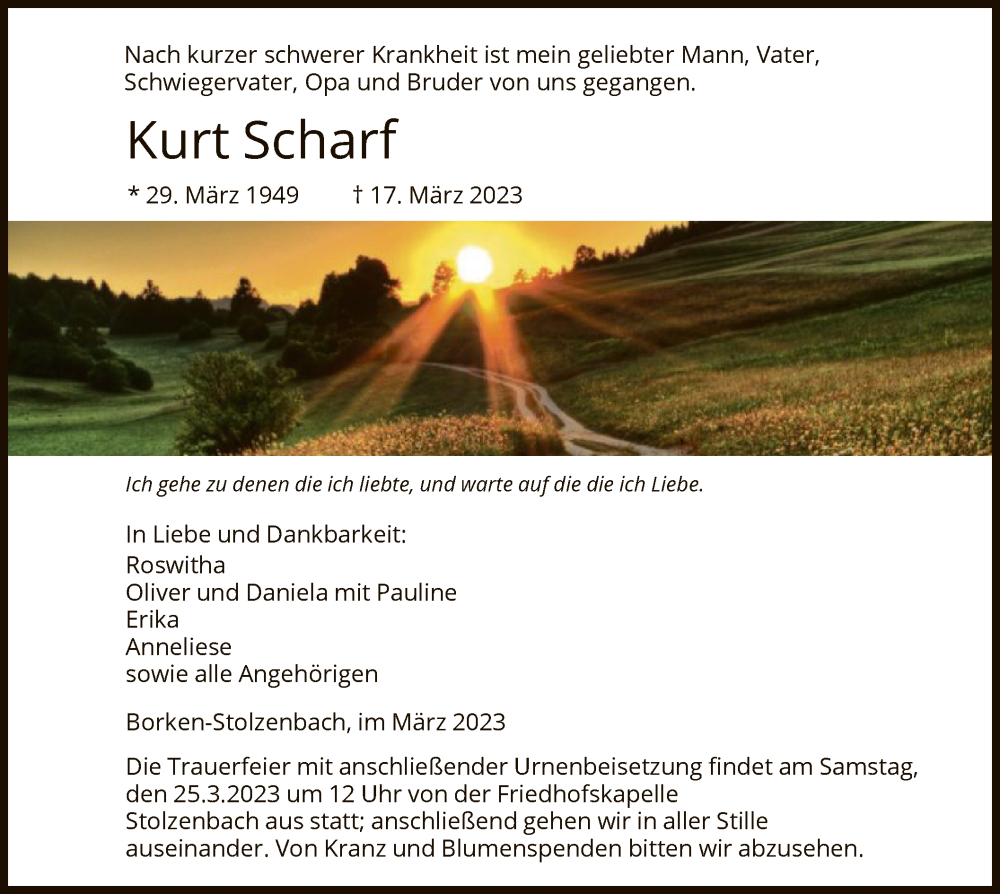  Traueranzeige für Kurt Scharf vom 22.03.2023 aus HNA