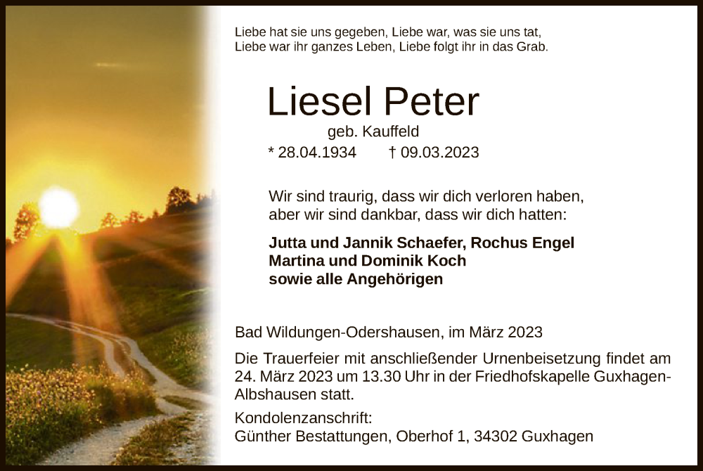  Traueranzeige für Liesel Peter vom 18.03.2023 aus HNA