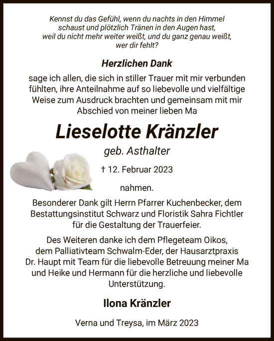 Traueranzeige von Lieselotte Kränzler von HNA