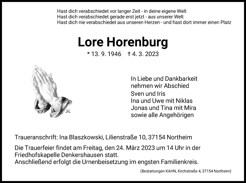  Traueranzeige für Lore Horenburg vom 18.03.2023 aus HNA