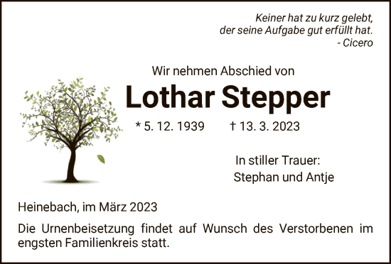 Traueranzeige von Lothar Stepper von HNA