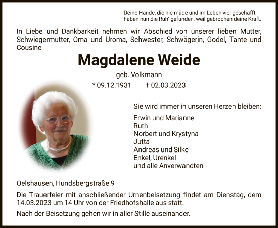 Traueranzeige von Magdalene Weide von HNA