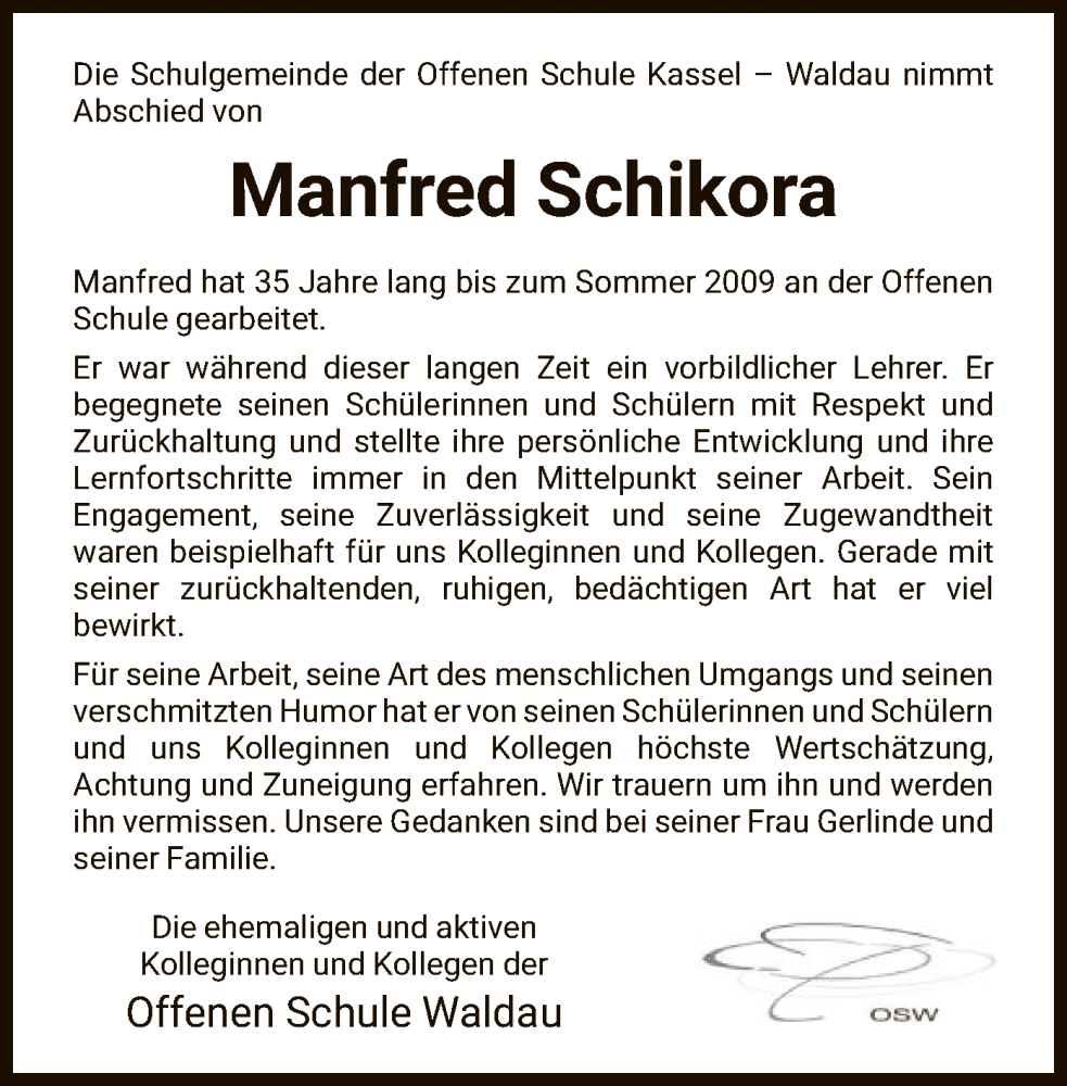  Traueranzeige für Manfred Schikora vom 11.03.2023 aus HNA