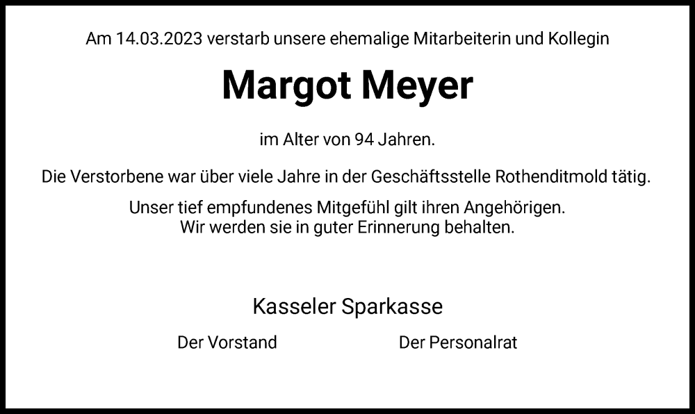 Traueranzeige für Margot Meyer vom 23.03.2023 aus HNA