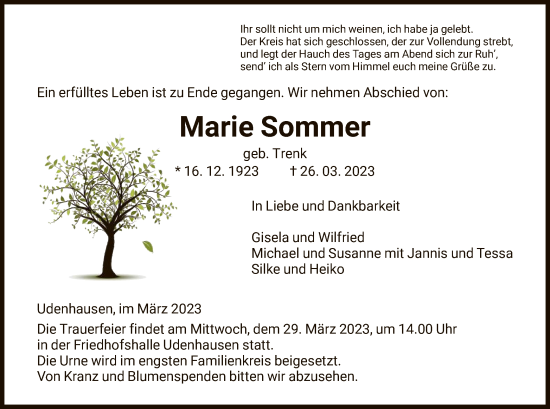 Traueranzeige von Marie Sommer von HNA