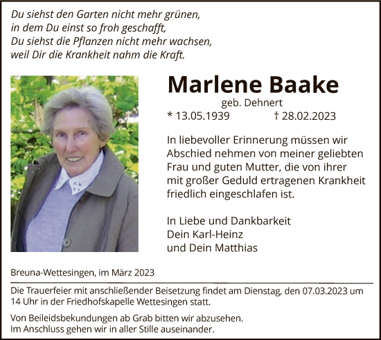 Traueranzeige von Marlene Baake von HNA