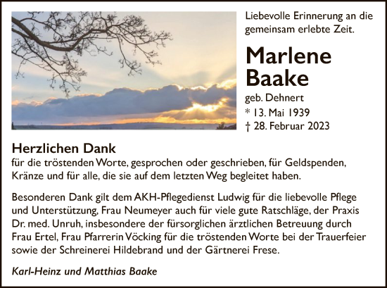 Traueranzeige von Marlene Baake von HNA