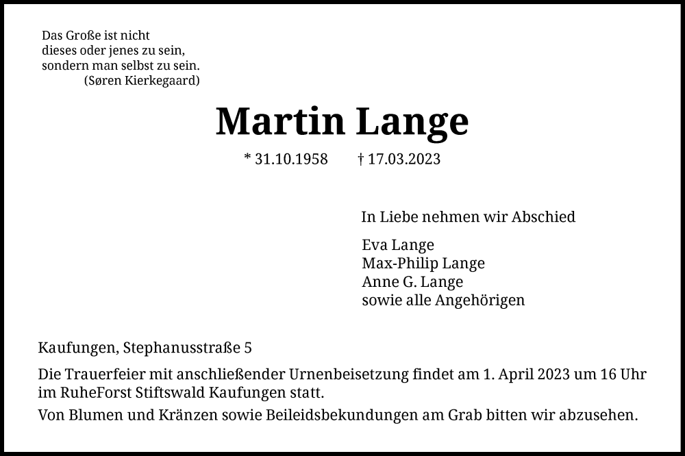  Traueranzeige für Martin Lange vom 25.03.2023 aus HNA
