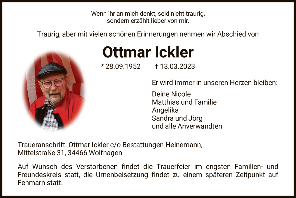 Traueranzeige für Ottmar Ickler vom 18.03.2023 aus HNA