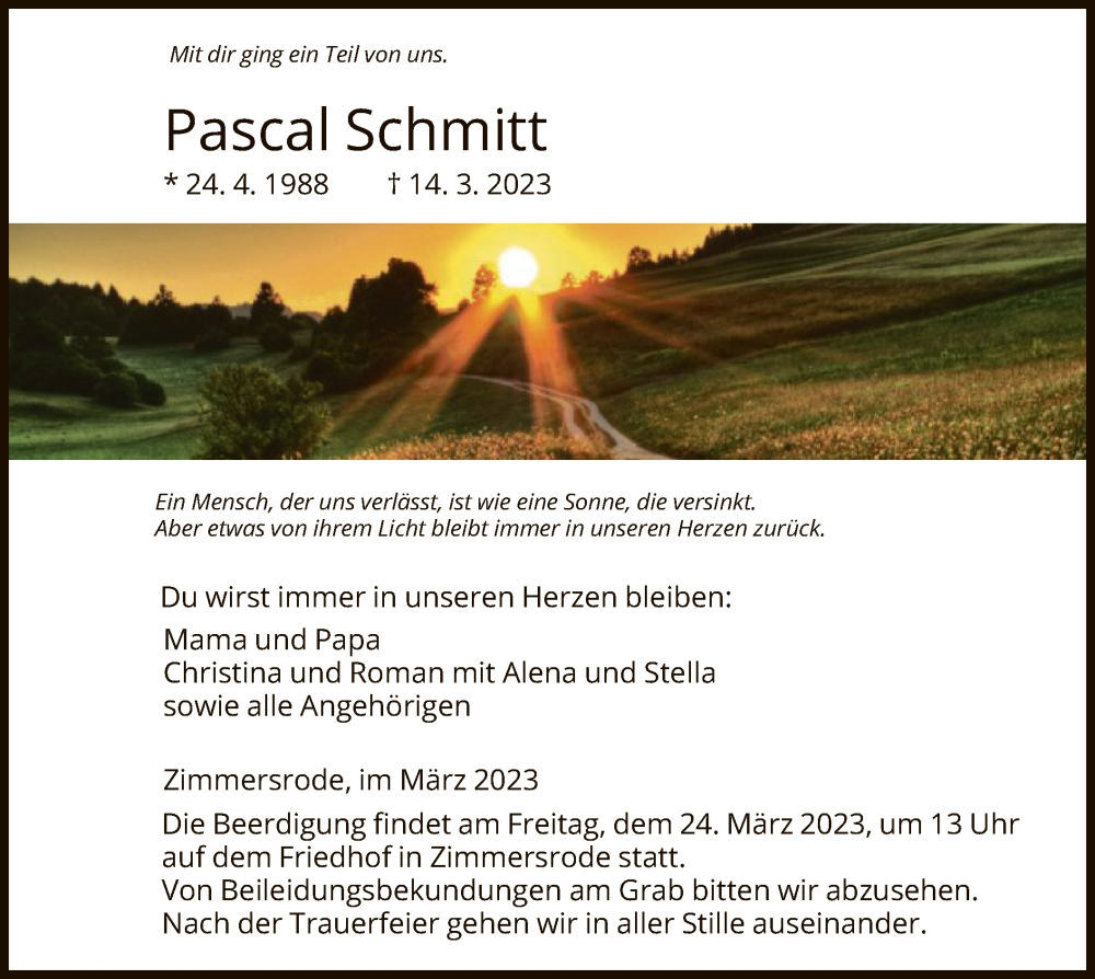  Traueranzeige für Pascal Schmitt vom 18.03.2023 aus HNA