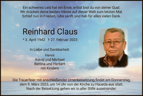 Traueranzeige von Reinhard Claus von HNA