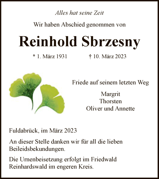 Traueranzeige von Reinhold Sbrzesny von HNA