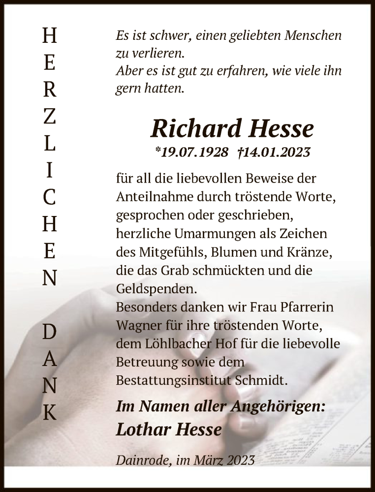  Traueranzeige für Richard Hesse vom 07.03.2023 aus HNA
