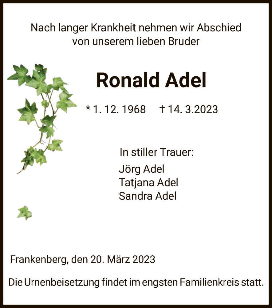  Traueranzeige für Ronald Adel vom 20.03.2023 aus HNA