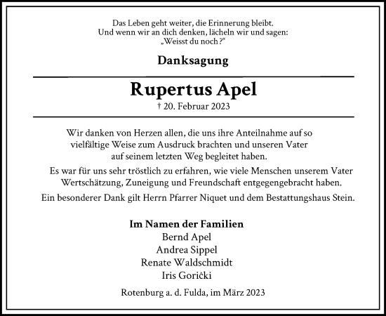 Traueranzeige von Rupertus Apel von HNA