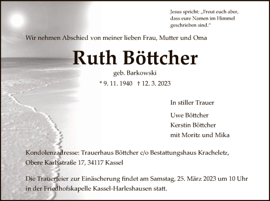 Traueranzeige von Ruth Böttcher von HNA