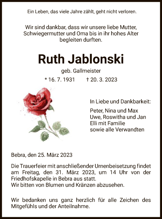 Traueranzeige von Ruth Jablonski von HNA