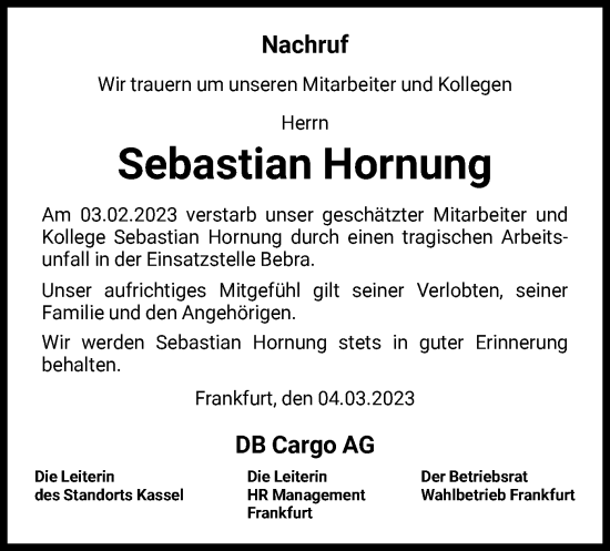 Traueranzeige von Sebastian Hornung von HNA