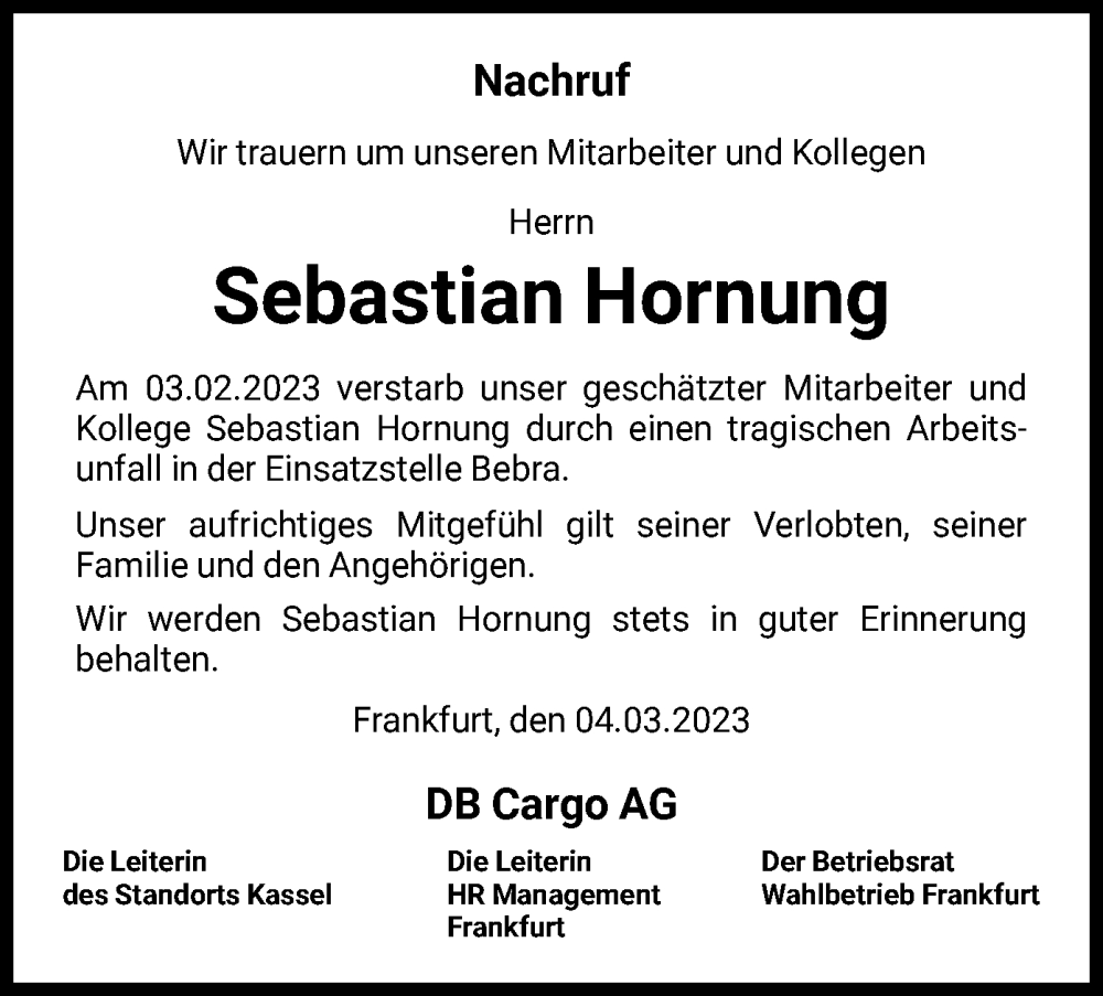  Traueranzeige für Sebastian Hornung vom 04.03.2023 aus HNA