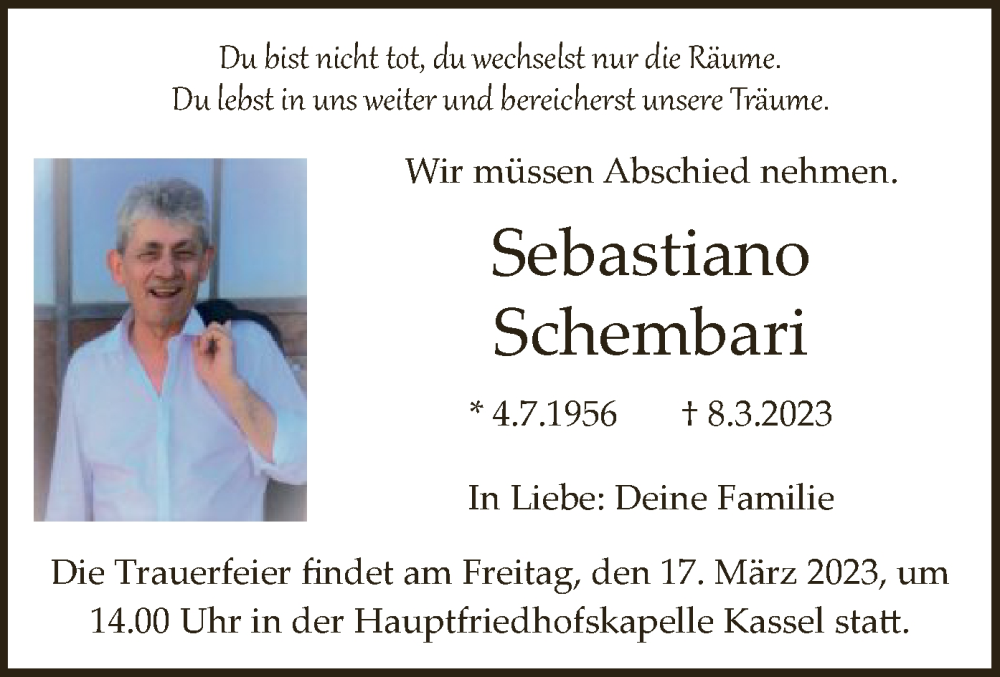  Traueranzeige für Sebastiano Schembari vom 11.03.2023 aus HNA