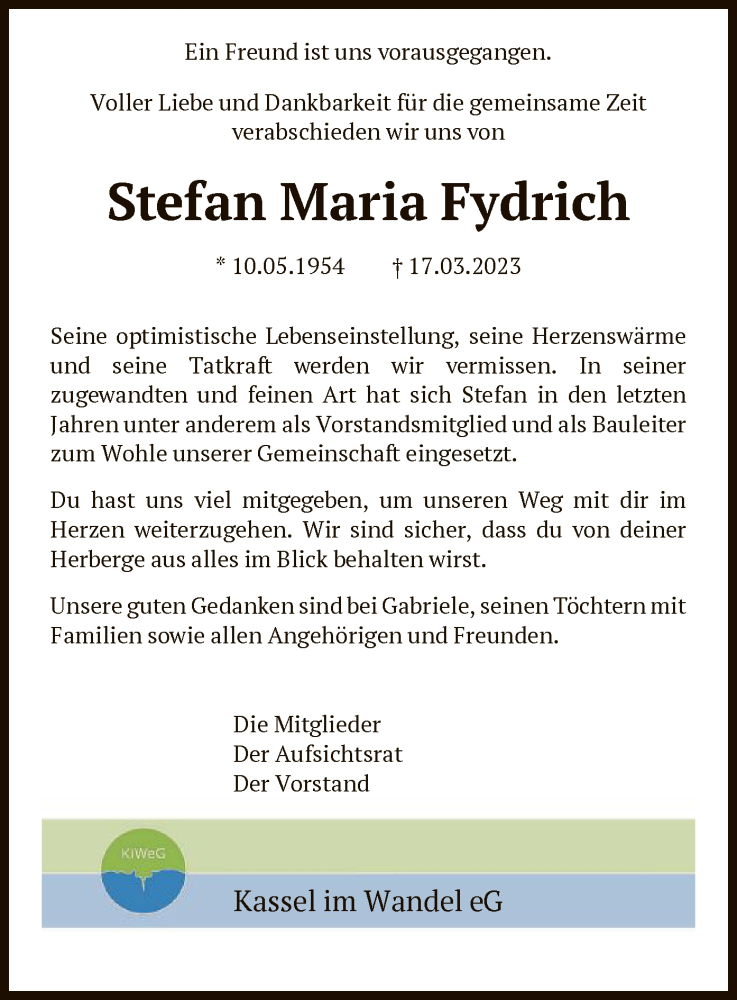  Traueranzeige für Stefan Maria Fydrich vom 22.03.2023 aus HNA