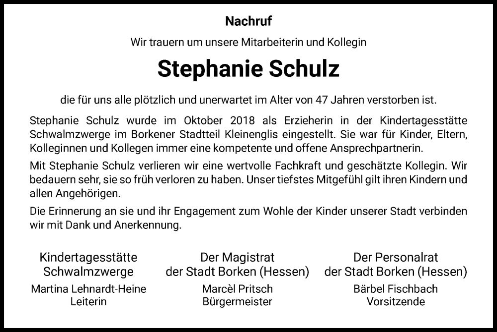  Traueranzeige für Stephanie Schulz vom 24.03.2023 aus HNA