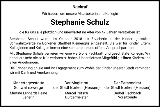 Traueranzeige von Stephanie Schulz von HNA