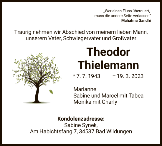 Traueranzeige von Theodor Thielemann von HNA