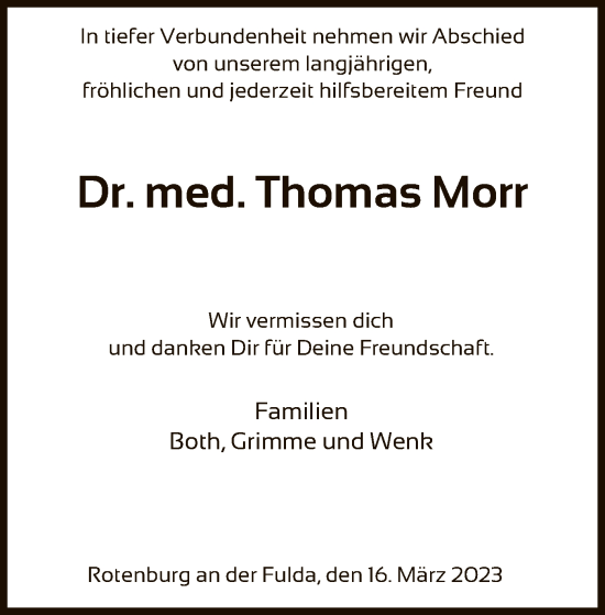 Traueranzeige von Thomas Morr von HNA