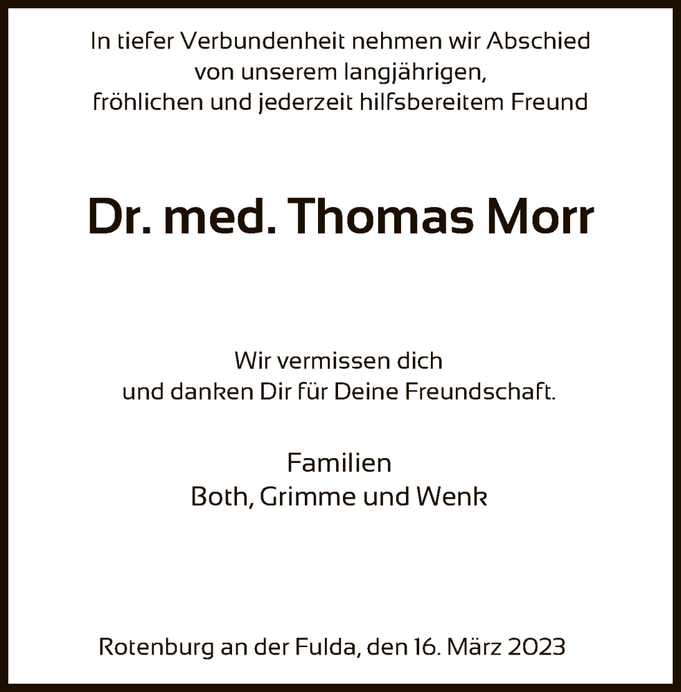 Traueranzeige für Thomas Morr vom 16.03.2023 aus HNA