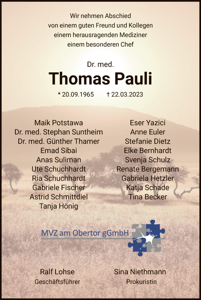  Traueranzeige für Thomas Pauli vom 25.03.2023 aus HNA