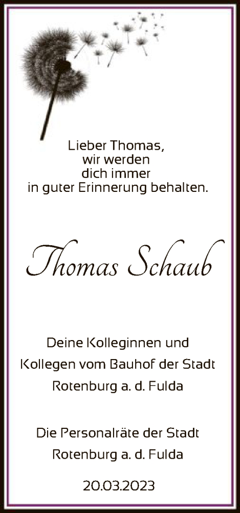  Traueranzeige für Thomas Schaub vom 24.03.2023 aus HNA