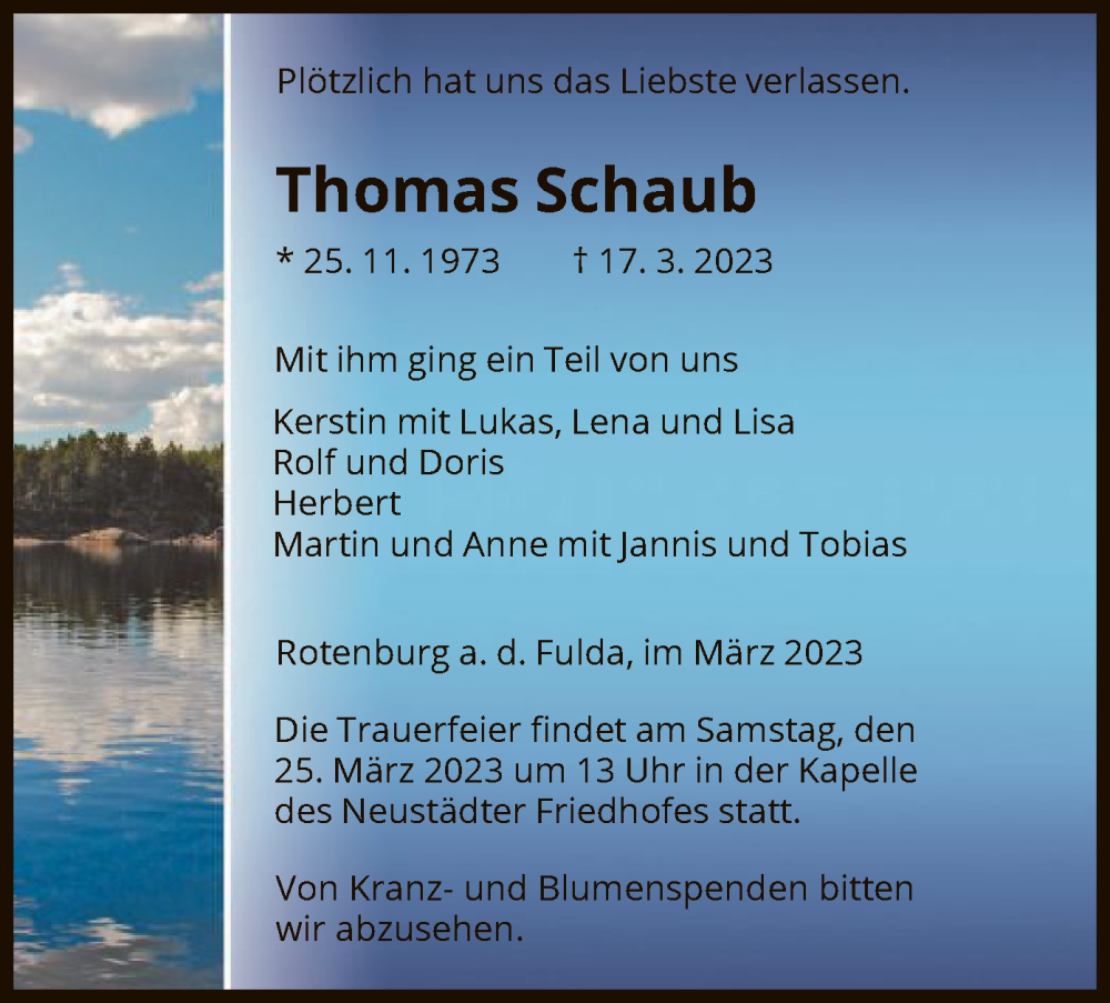  Traueranzeige für Thomas Schaub vom 22.03.2023 aus HNA