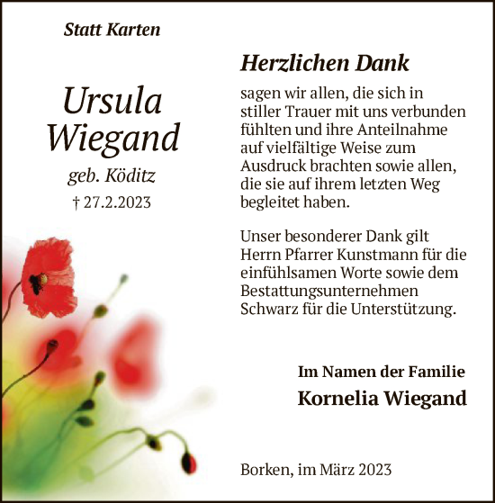 Traueranzeige von Ursula Wiegand von HNA