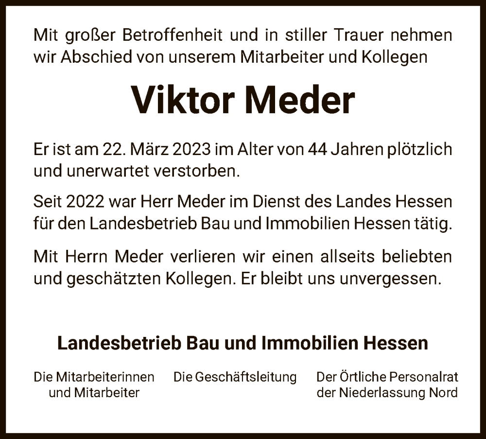 Traueranzeigen Von Viktor Meder | Trauer.HNA.de