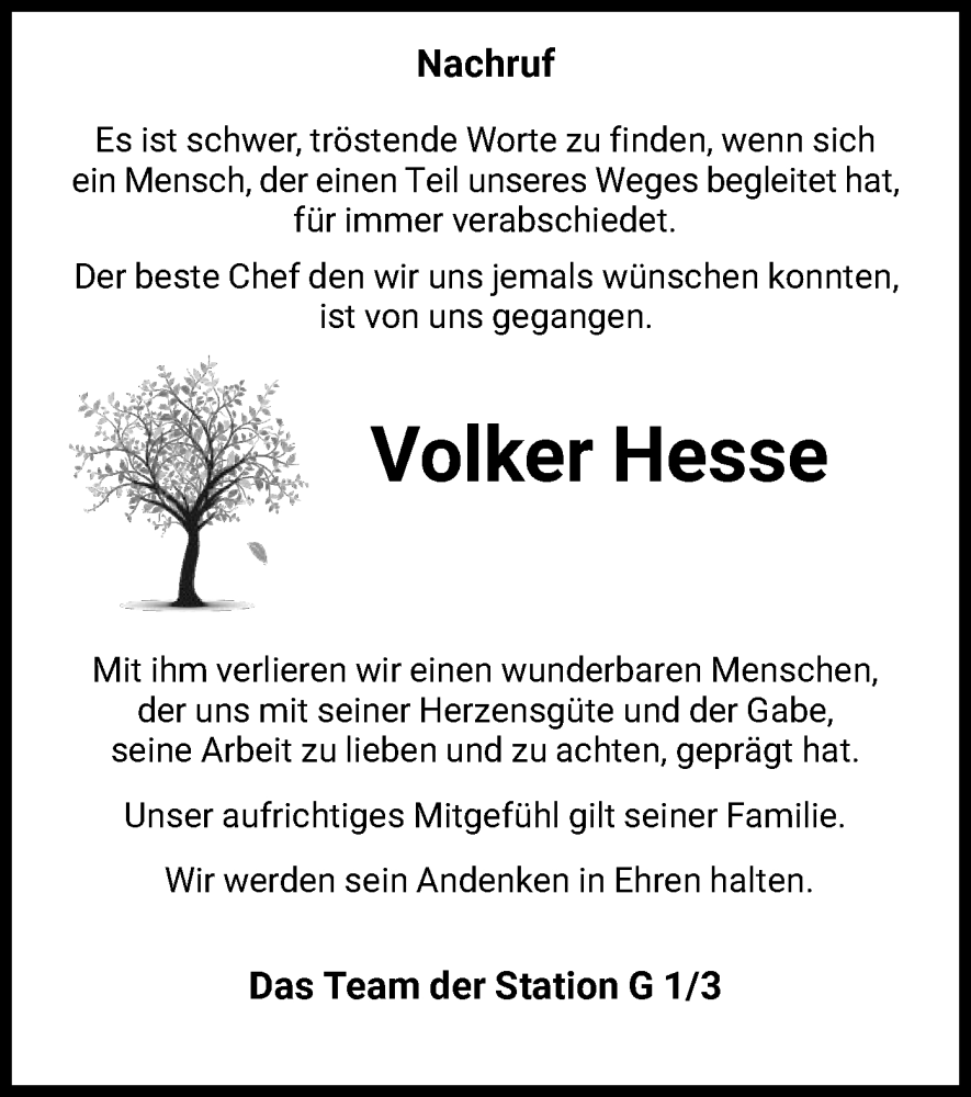  Traueranzeige für Volker Hesse vom 01.03.2023 aus HNA