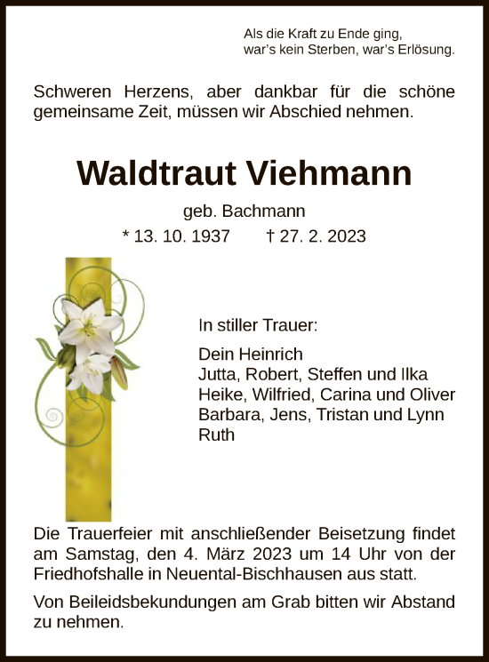 Traueranzeige von Waldtraut Viehmann von HNA