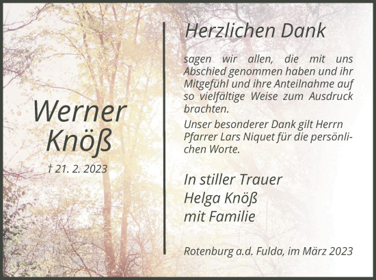 Traueranzeige von Werner Knöß von HNA