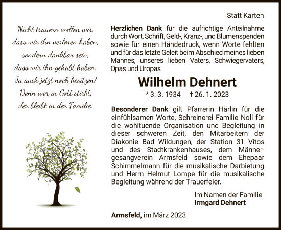Traueranzeige von Wilhelm Dehnert von WLZ
