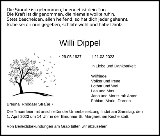 Traueranzeige von Willi Dippel von HNA