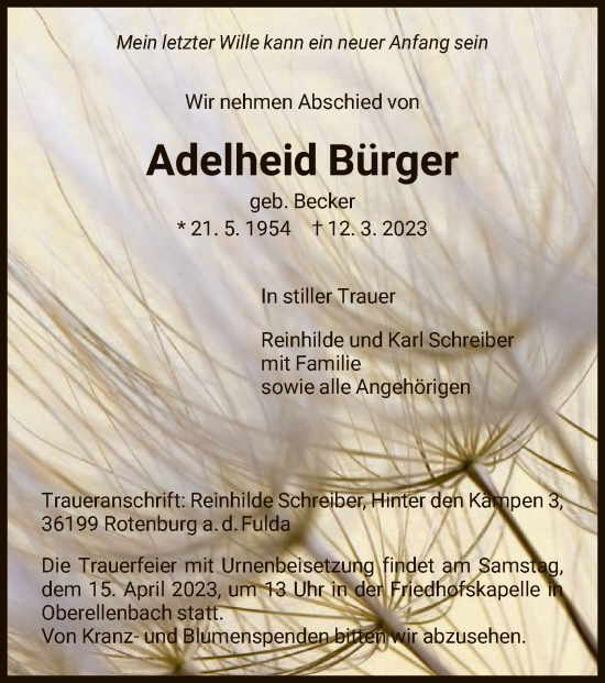 Traueranzeige von Adelheid Bürger von HNA