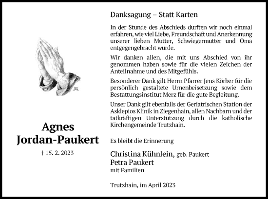 Traueranzeige von Agnes Jordan-Paukert von HNA