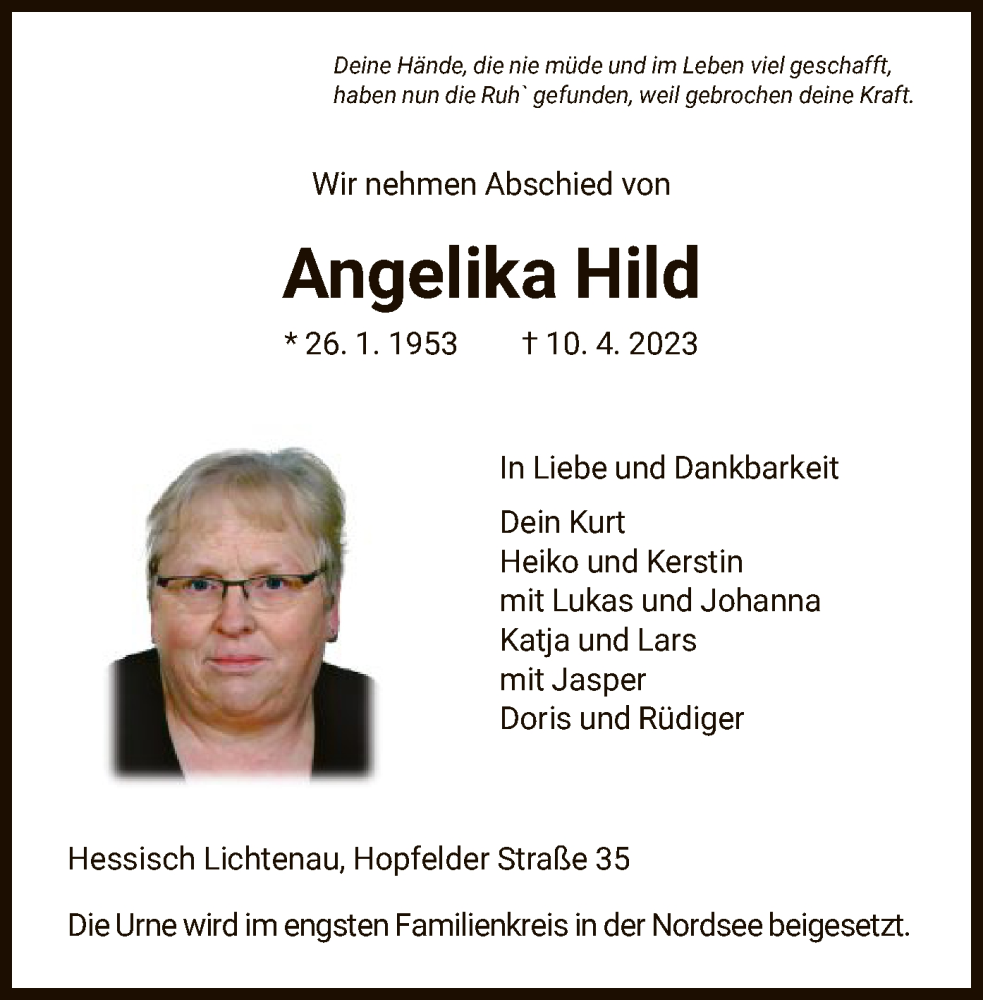  Traueranzeige für Angelika Hild vom 15.04.2023 aus HNA