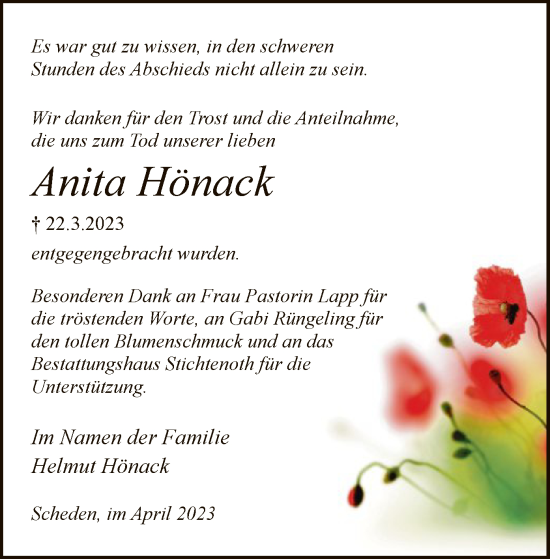 Traueranzeige von Anita Hönack von HNA