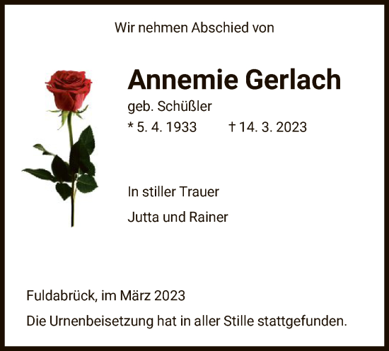 Traueranzeige von Annemie Gerlach von HNA